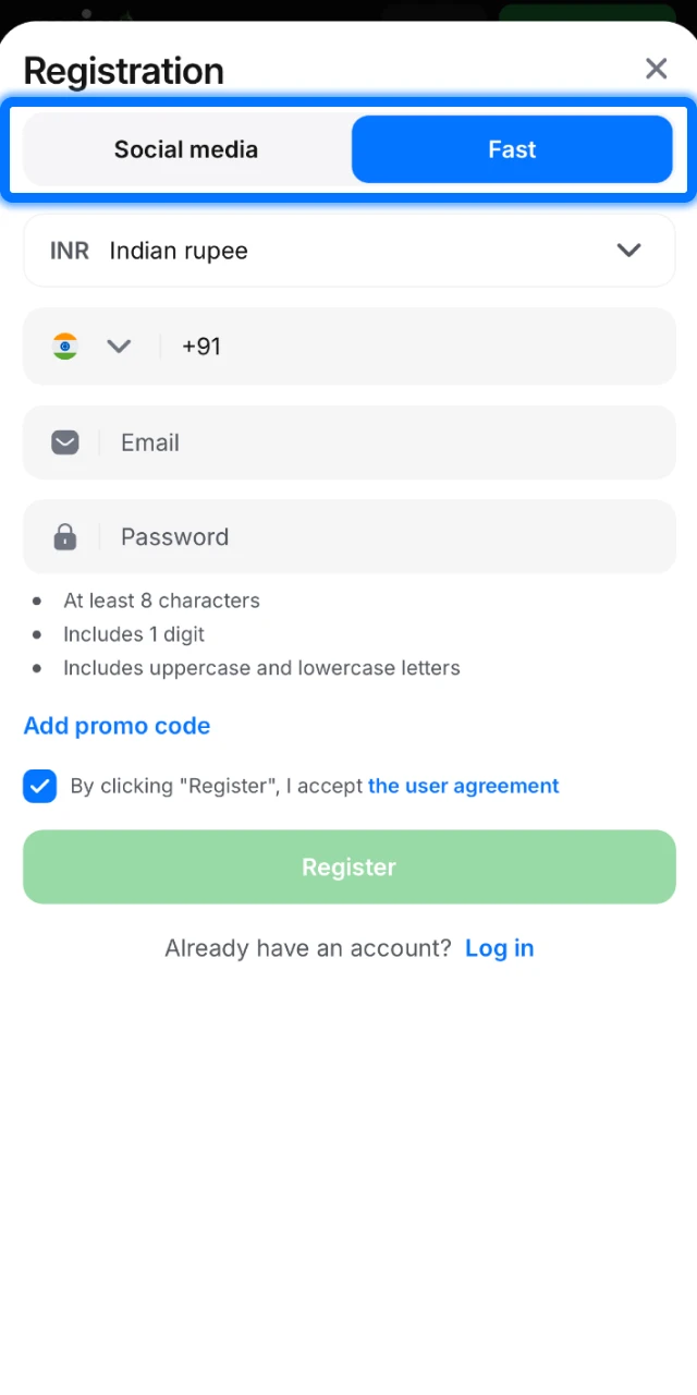 Tap the registration button in the 1win app and select your preferred sign-up method.
