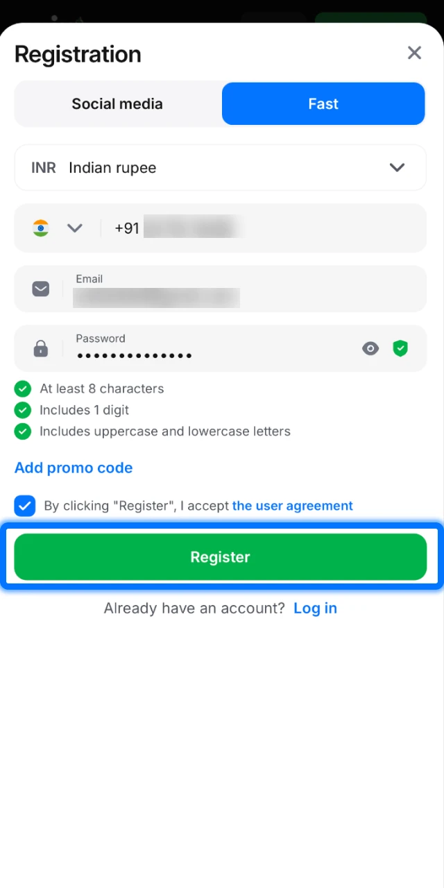 Confirm your entered details to finalize and create your new 1win account.