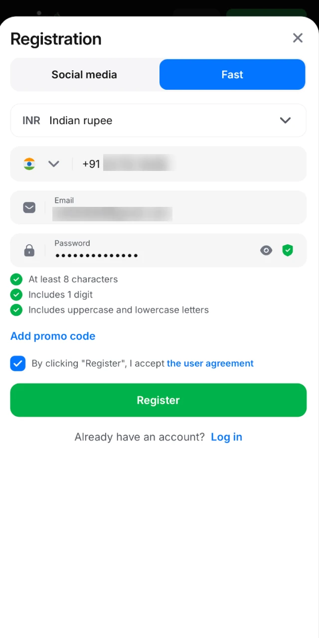 Enter your phone number and email, then select India and INR as your currency in the 1win app.