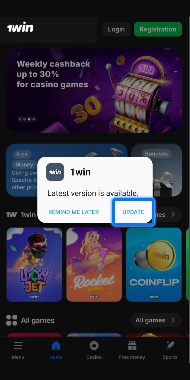 Tap to accept the update notification when prompted within the 1win application.