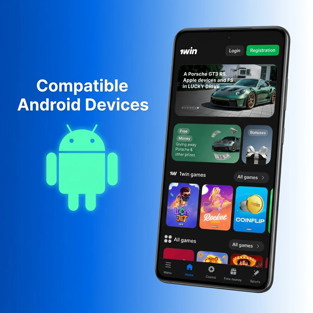 List of compatible Android devices for 1win app in India including Samsung, Redmi, Realme, OnePlus, Oppo, Vivo and Poco models