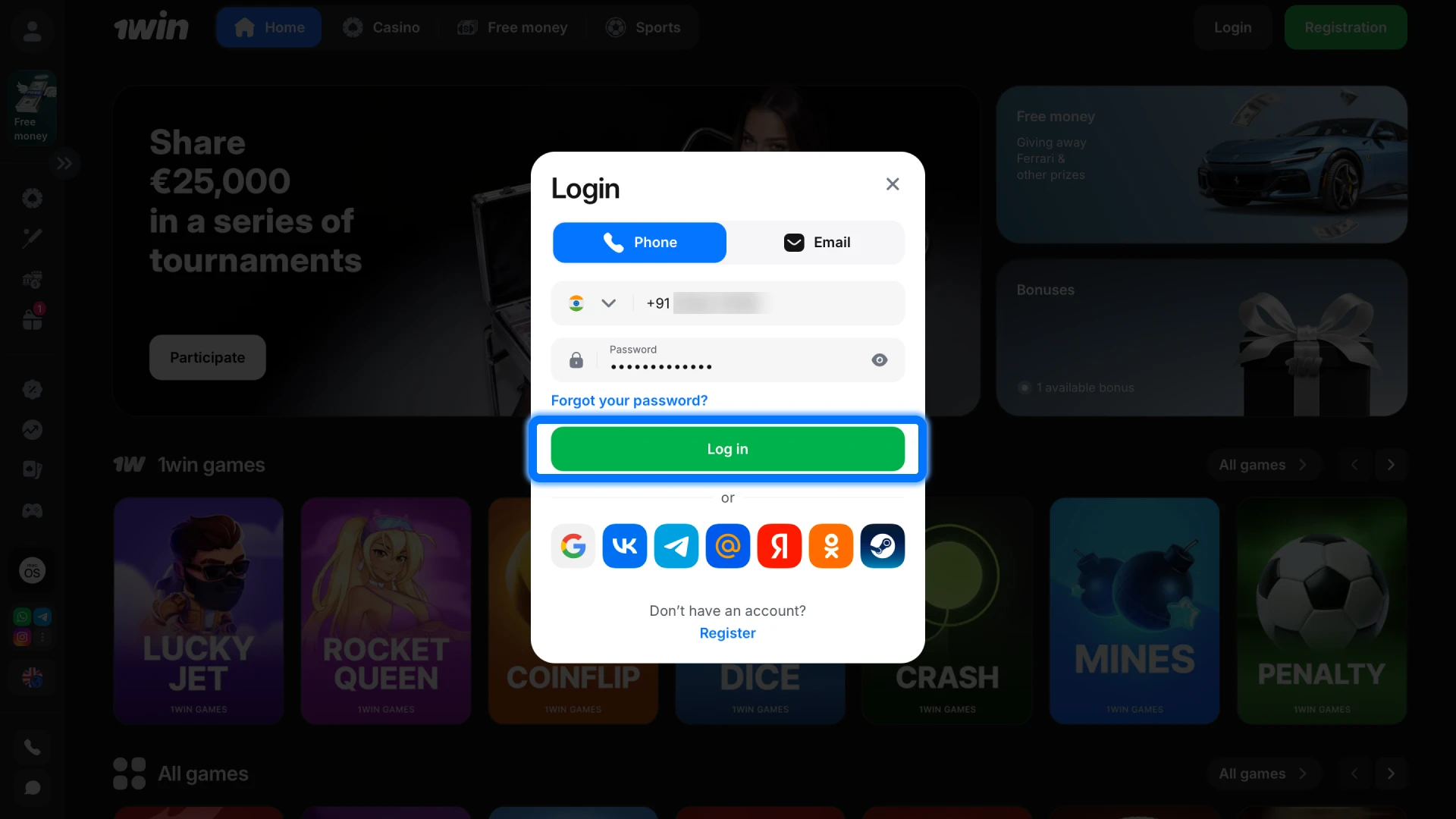 Click the Sign In button to access your personal 1win account dashboard.
