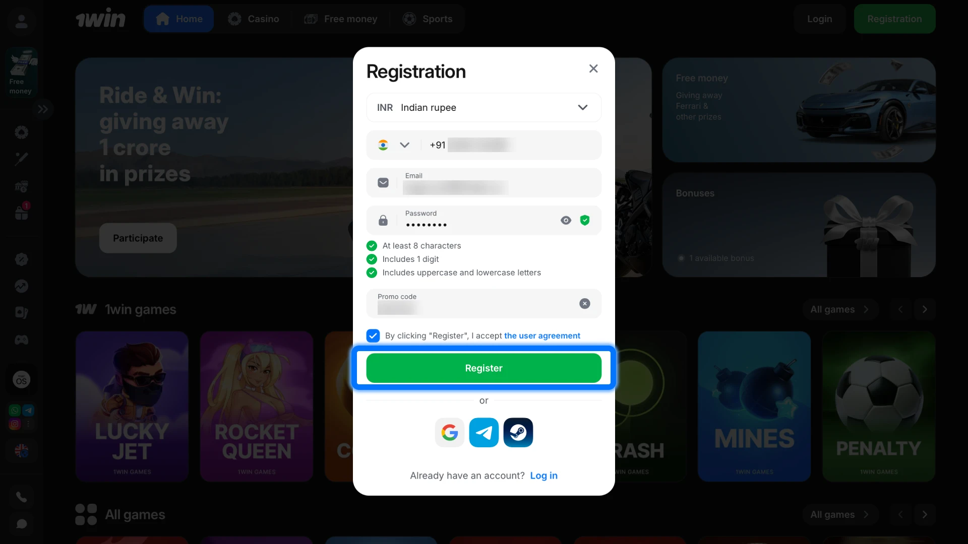 Click the Register button to complete your 1win sign-up and automatically log into your new account.