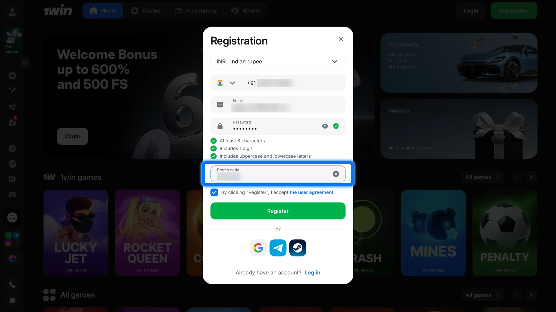 Enter an optional promo code during 1win registration to unlock additional bonus rewards.