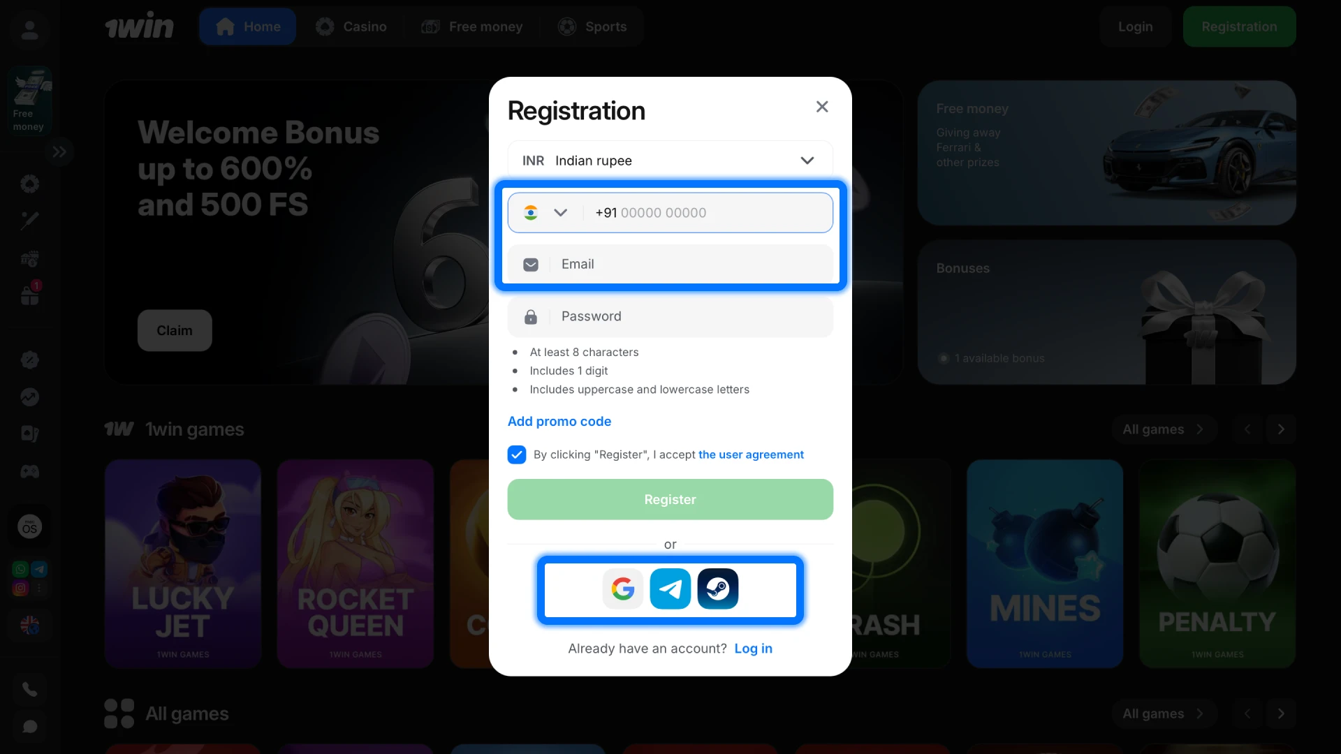 Choose Quick or Social registration method on 1win and enter your phone, email, and currency.