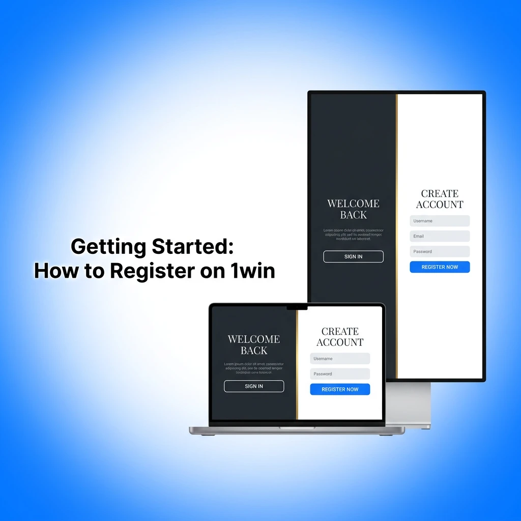 Step-by-step 1win registration guide showing sign-up form with phone, email, and social media options for Indian users